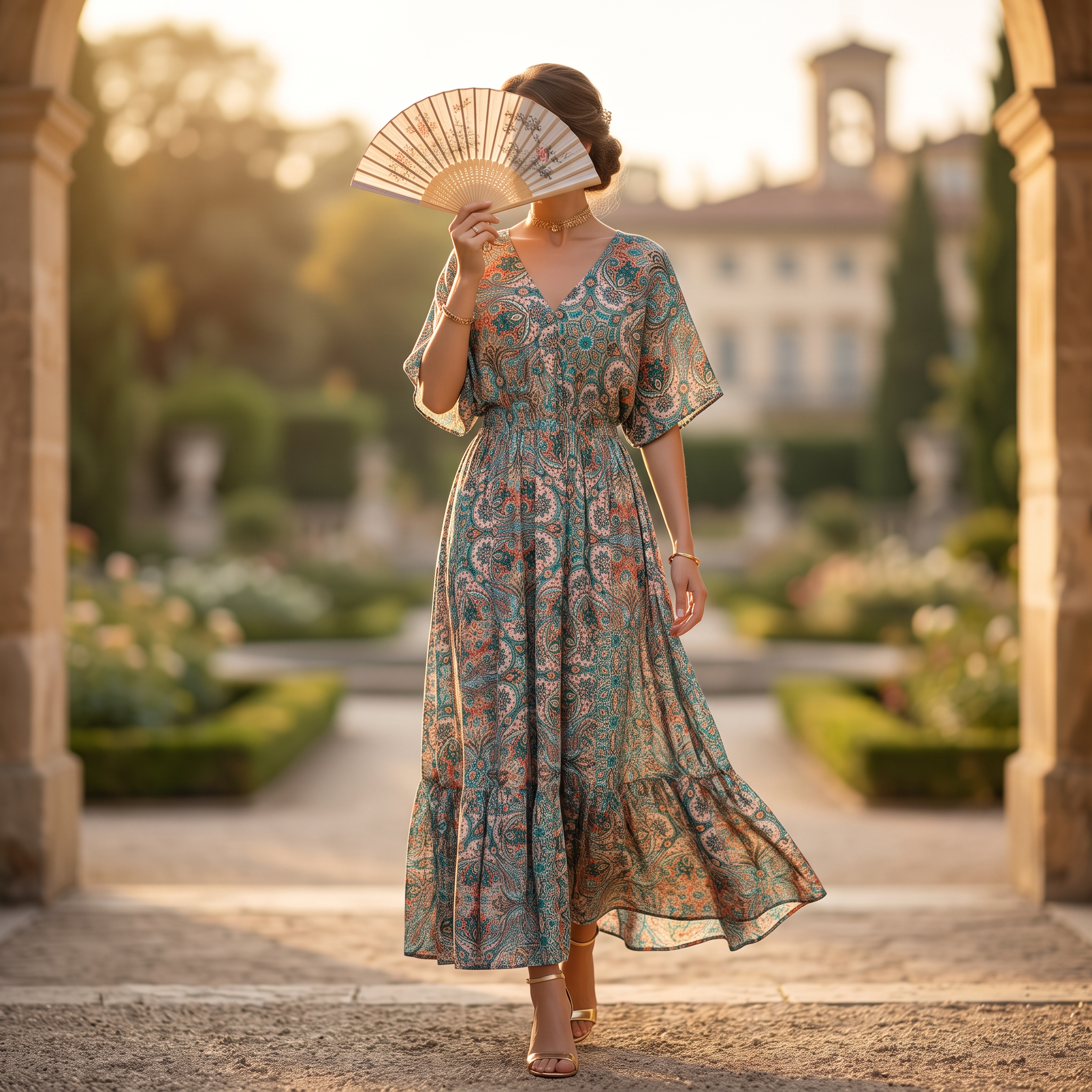 O/S Hafsa Silk Crystal Printed Cotton Dress 57" Long Jalabiya RN 932