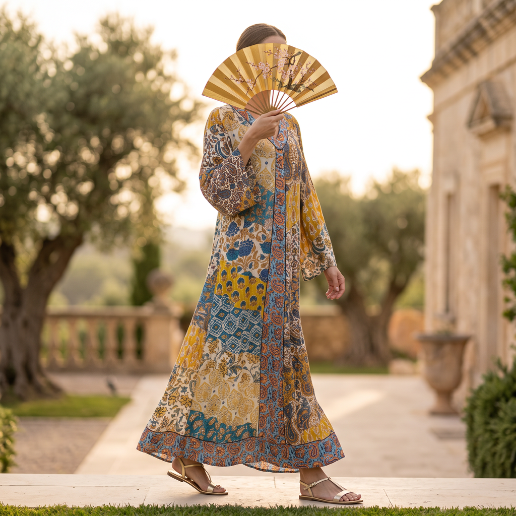 S/M Zeina Crystal  Cotton Printed Dress 57" Long Jalabiya RN 1038