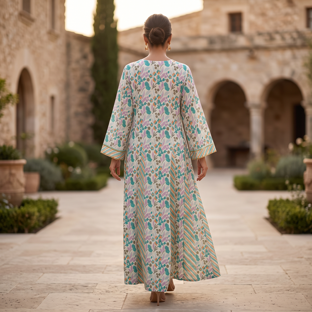 L/XL Anaya Printed Cotton Dress 57" Long Jalabiya RN 1009