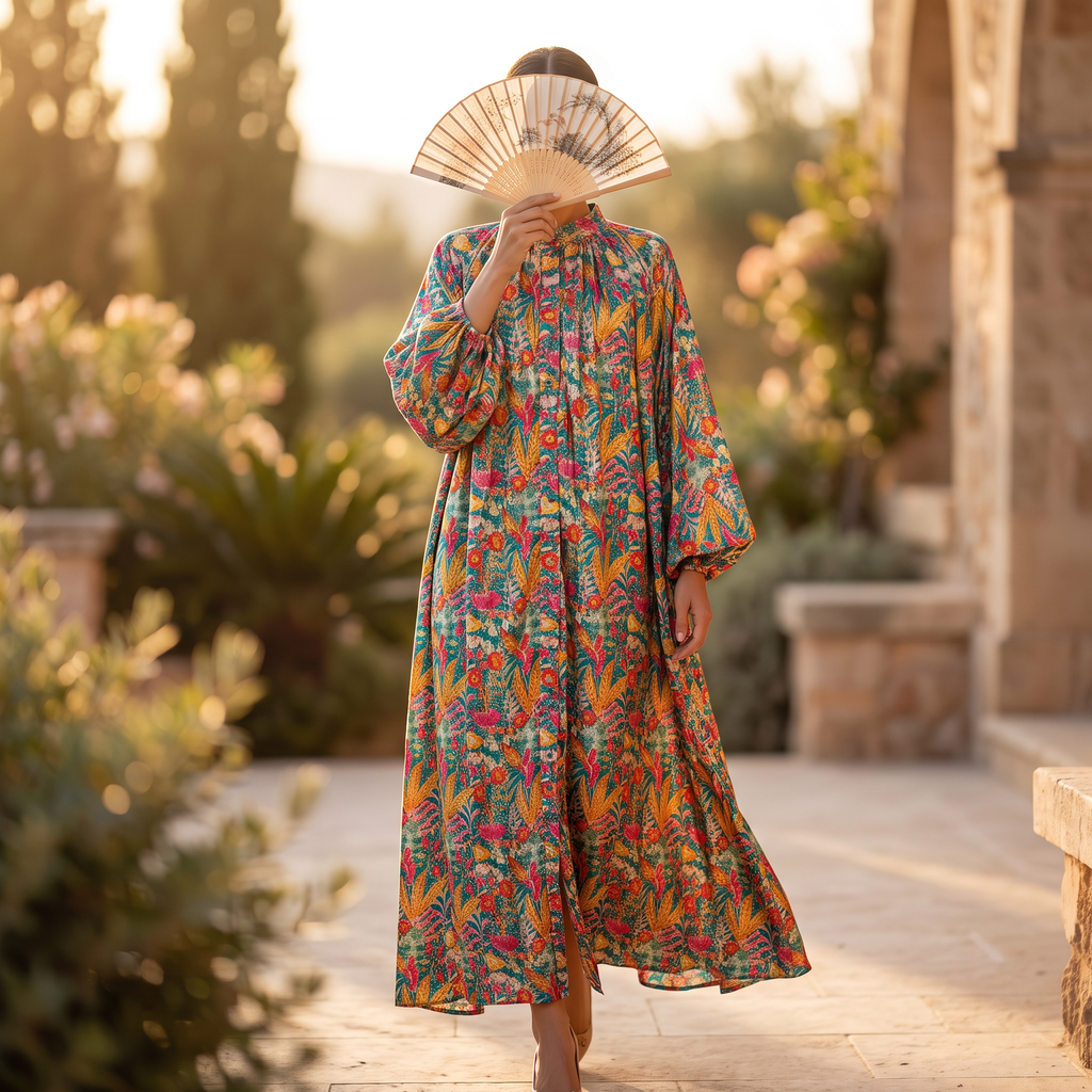 O/S Hiral  Silk Crystal  Cotton Printed Dress 57" Long Jalabiya RN 938
