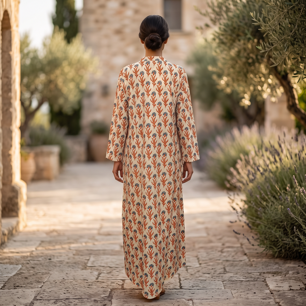 L/XL Honey  Printed Cotton Dress 57" Long Jalabiya With Sheila RNY 1098