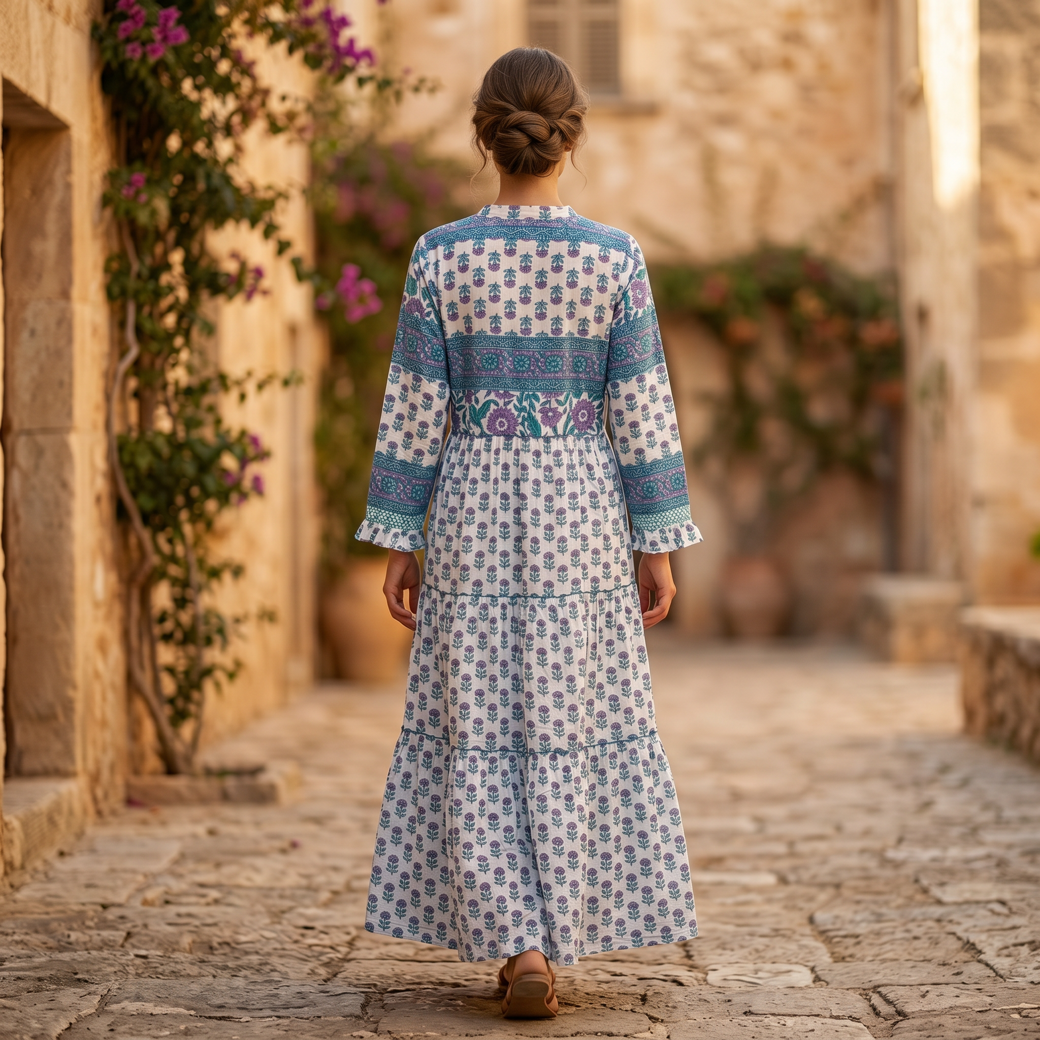 L-XL Afifa Printed Cotton Dress 57" Long Jalabiya