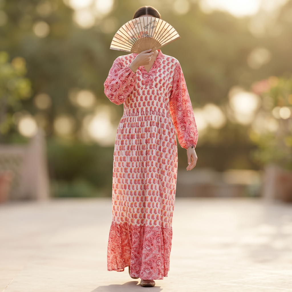 S-M Bahira Printed Cotton Dress 57" Long Jalabiya
