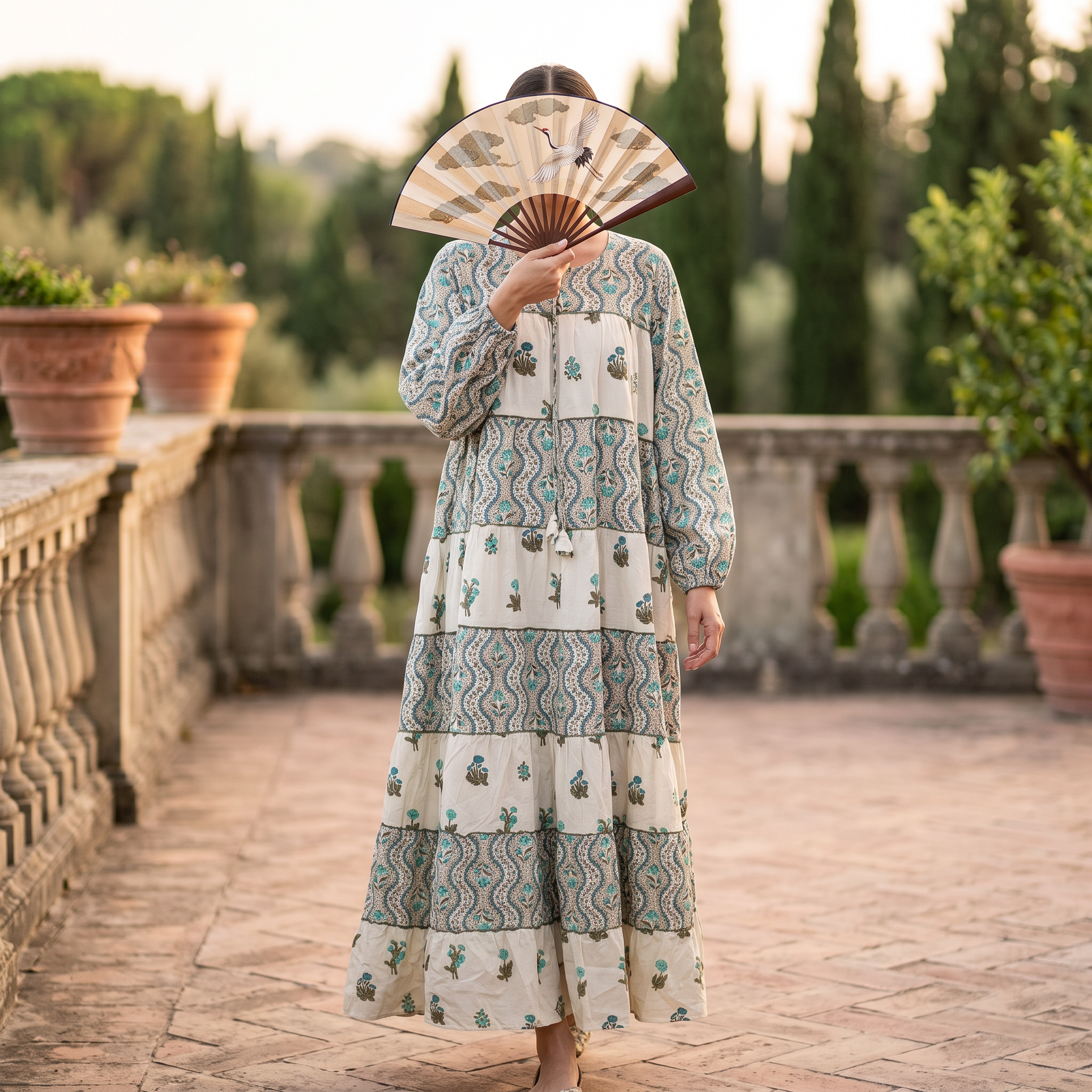 S-M Bushra Printed Cotton Dress 57" Long Jalabiya  RN 1017