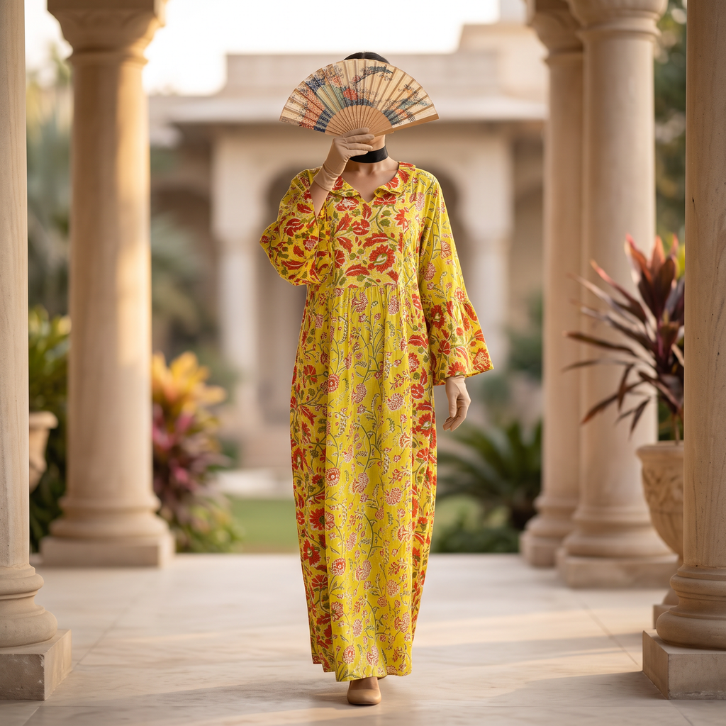 L/XL Husan Printed Cotton Dress 54" Long Jalabiya RN 972