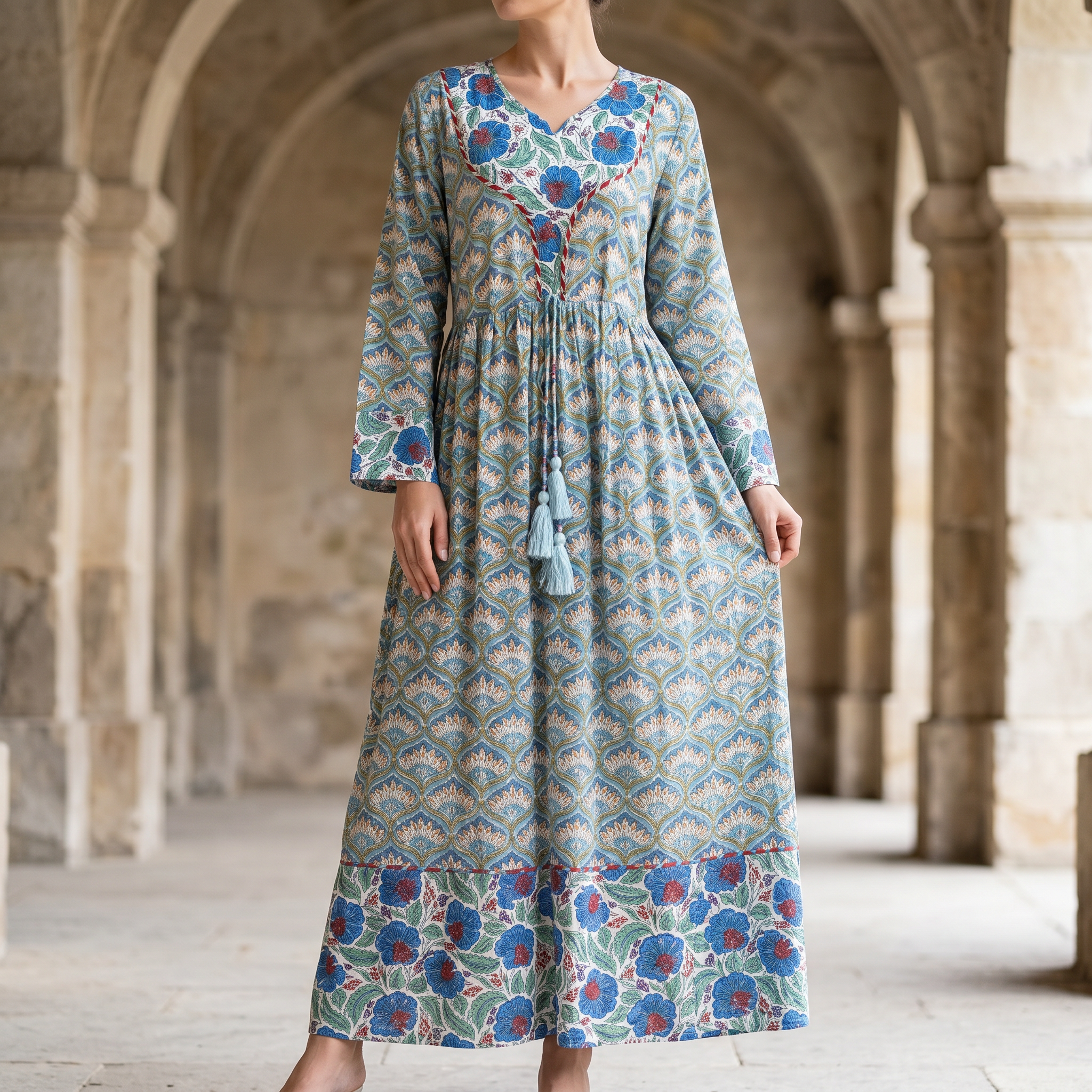 L-XL Zaria Printed Cotton Dress 57" Long Jalabiya TN 23