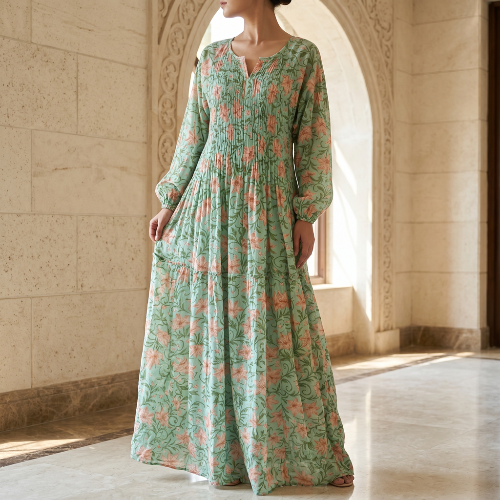 S-M Fawz Printed Cotton Dress 57" Long Jalabiya