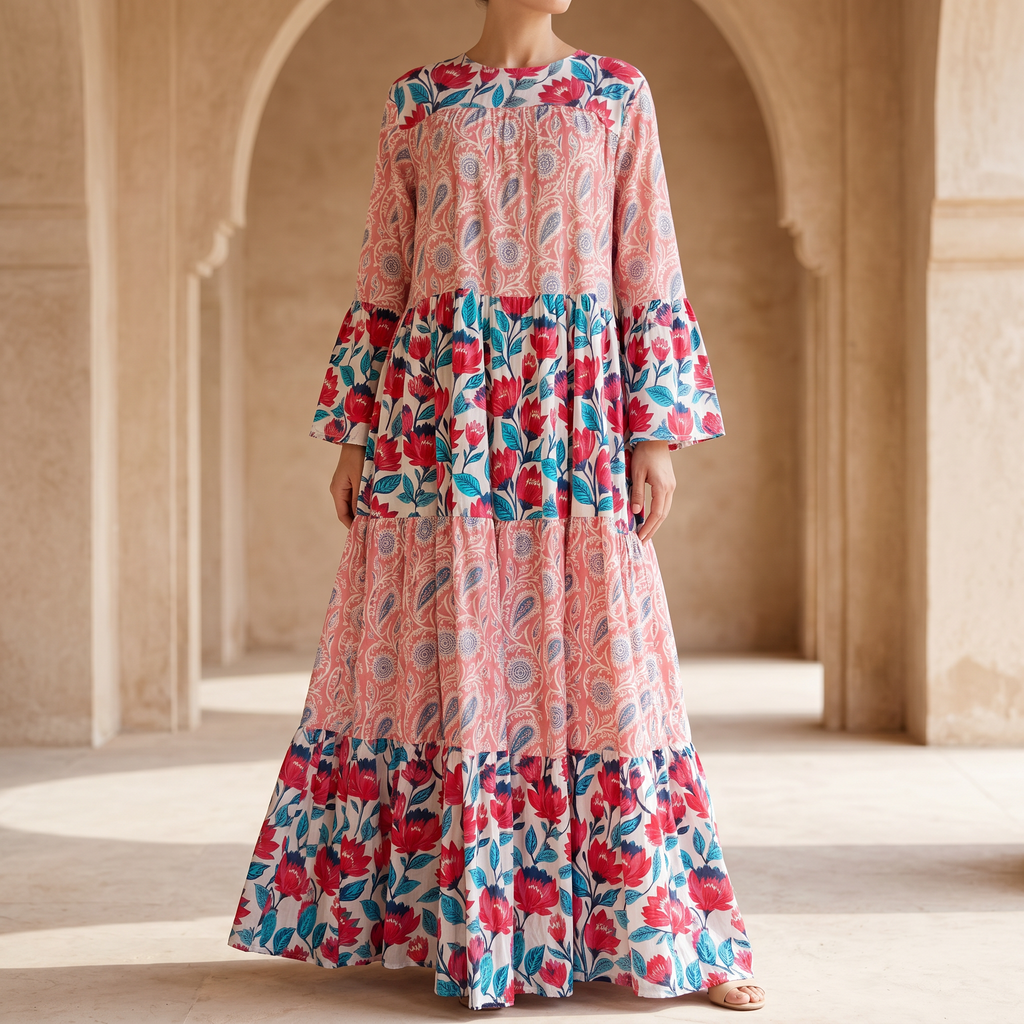 L-XL Moon Printed Cotton Dress 57" Long Jalabiya