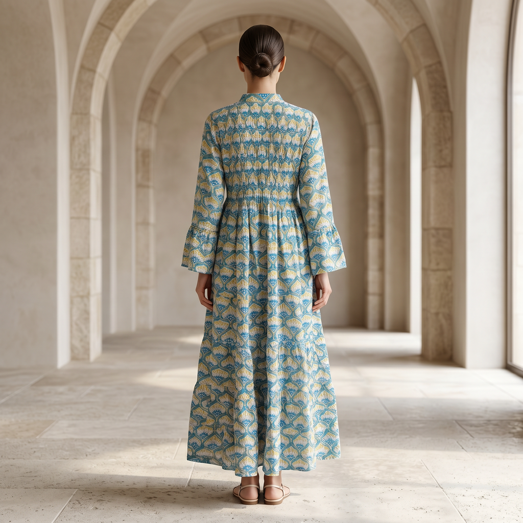 L-XL Halisa Printed Cotton Dress 57" Long Jalabiya