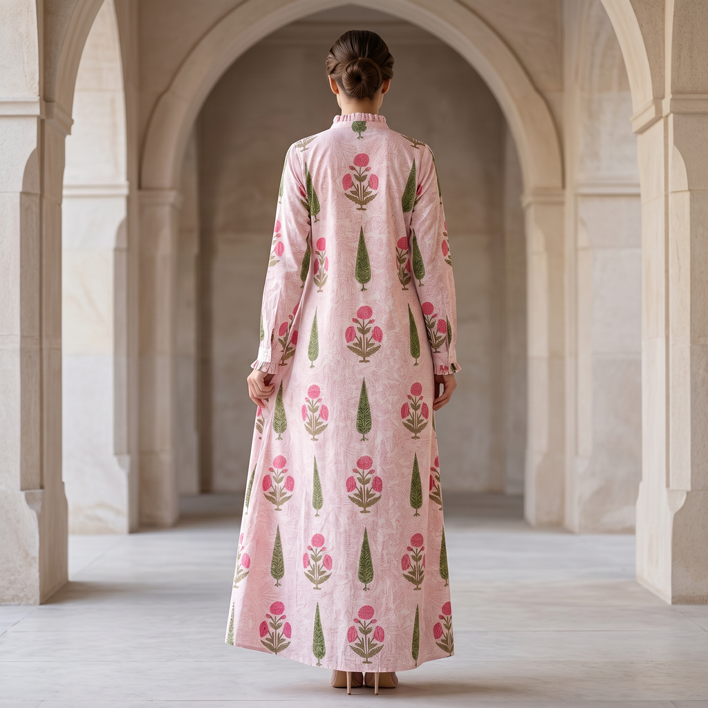 S-M Adeem Printed Cotton Dress 57" Long Jalabiya