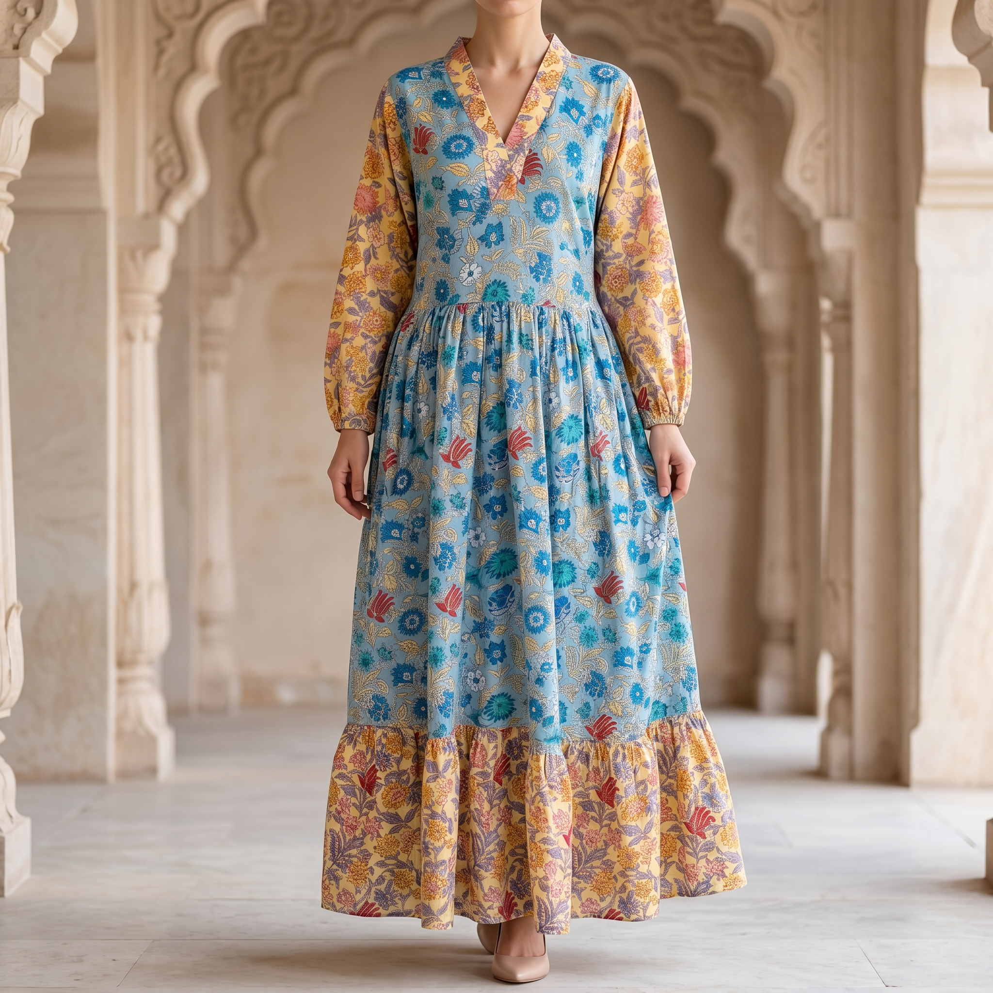 S-M Bahira Printed Cotton Dress 57" Long Jalabiya