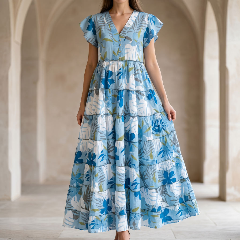 S-M Qamar Printed Cotton Dress 57" Long Jalabiya