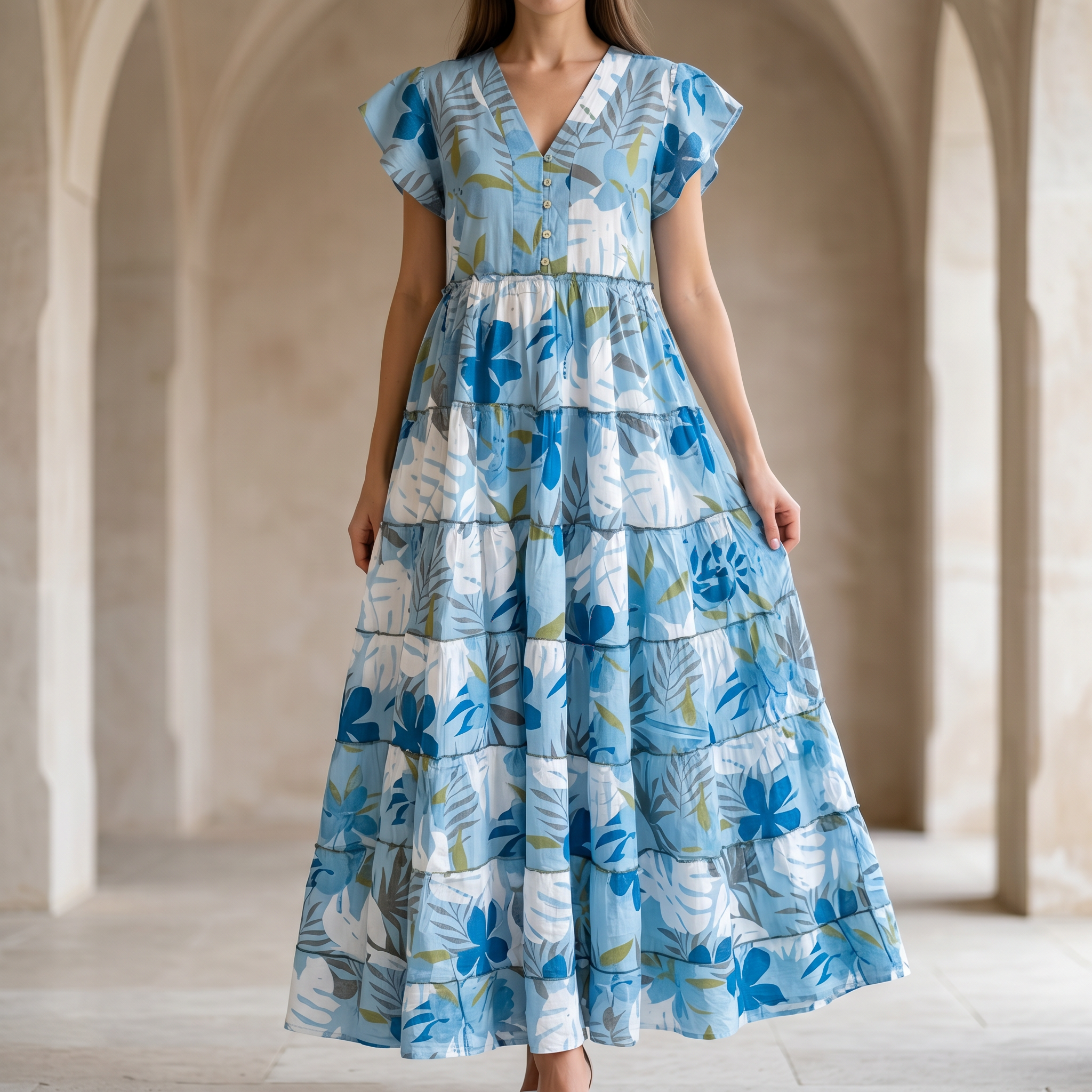 S-M Qamar Printed Cotton Dress 57" Long Jalabiya