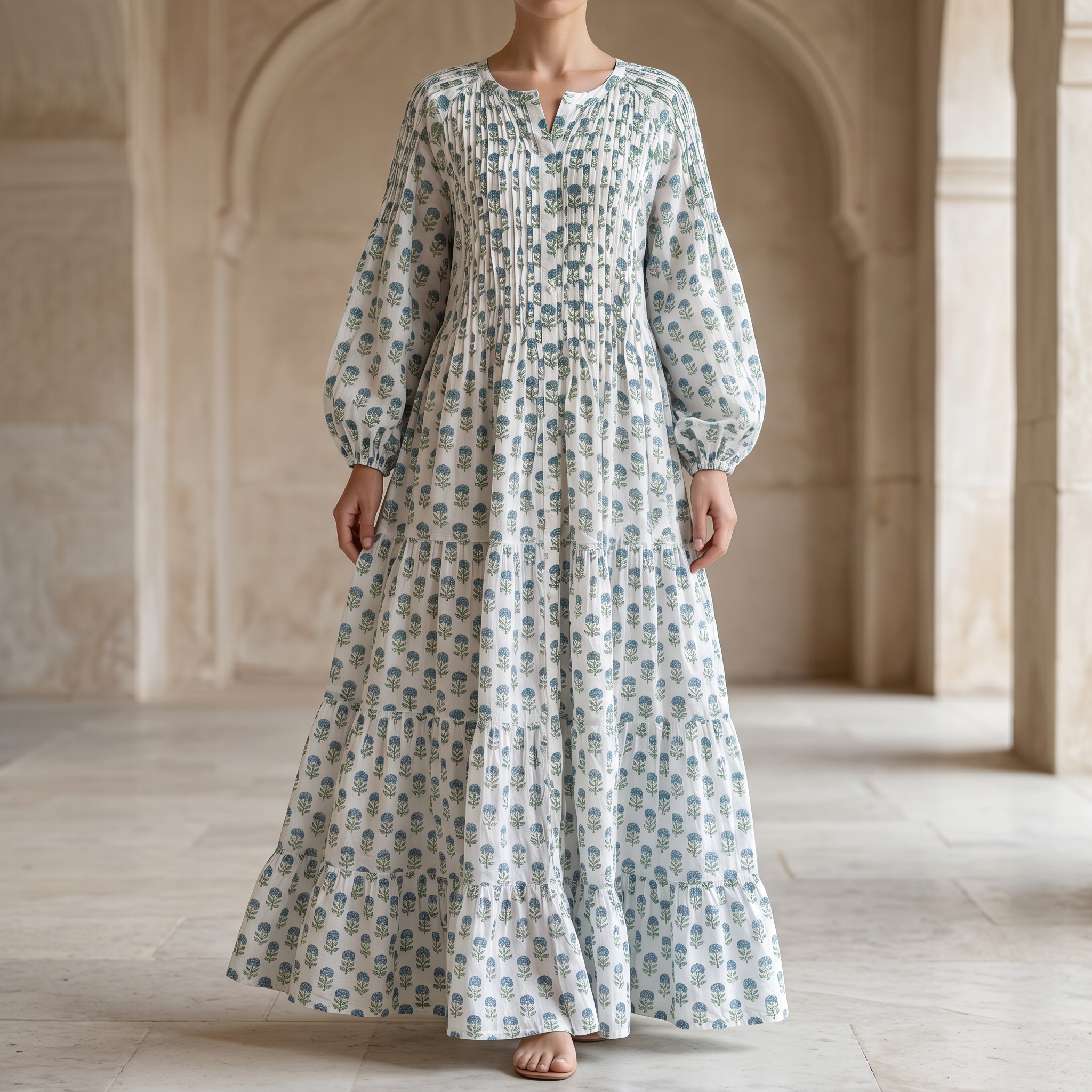 S-M Fawz Printed Cotton Dress 57" Long Jalabiya