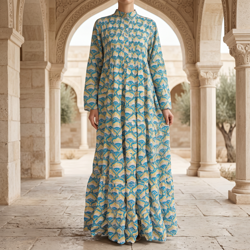 L-XL Halisa Printed Cotton Dress 57" Long Jalabiya