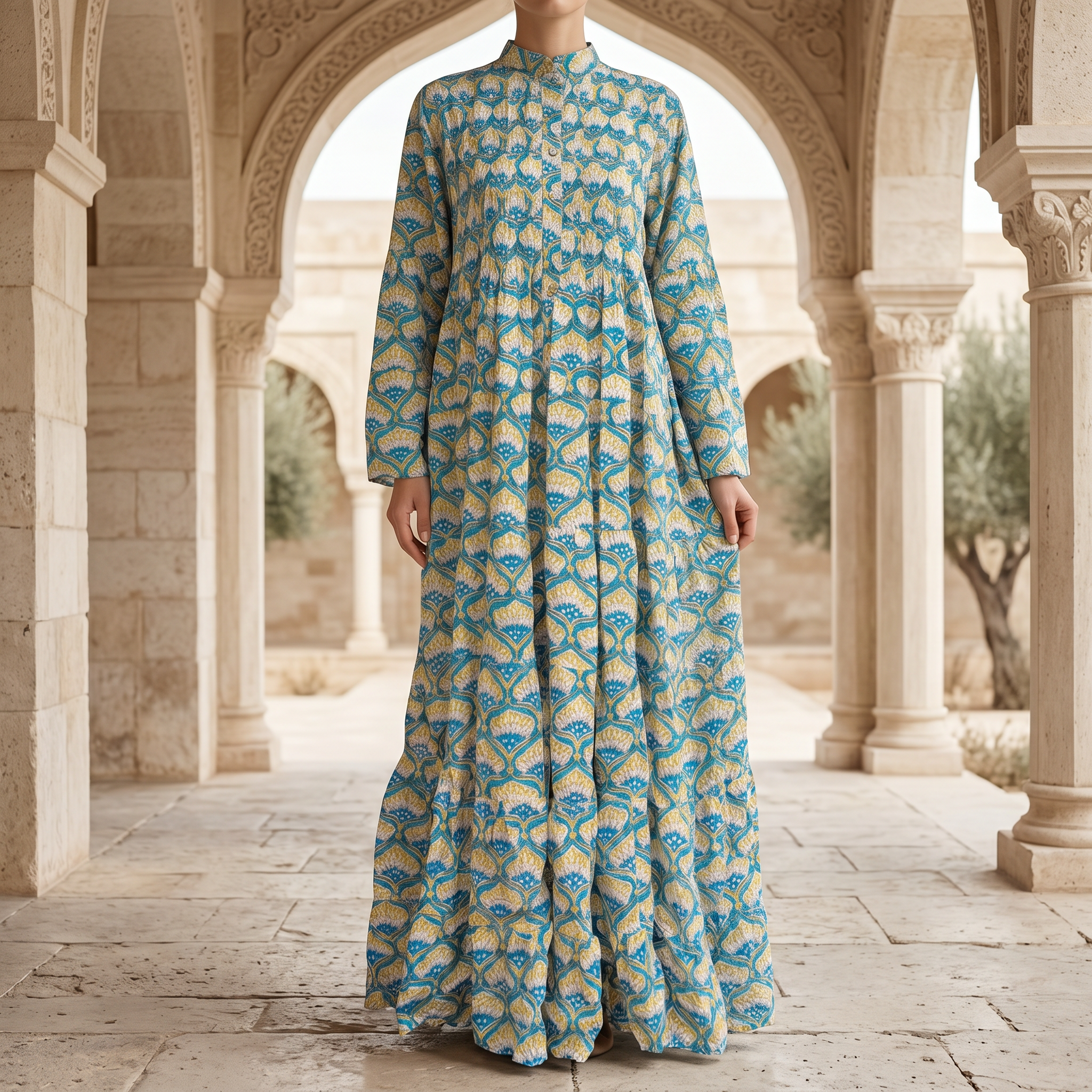 L-XL Halisa Printed Cotton Dress 57" Long Jalabiya