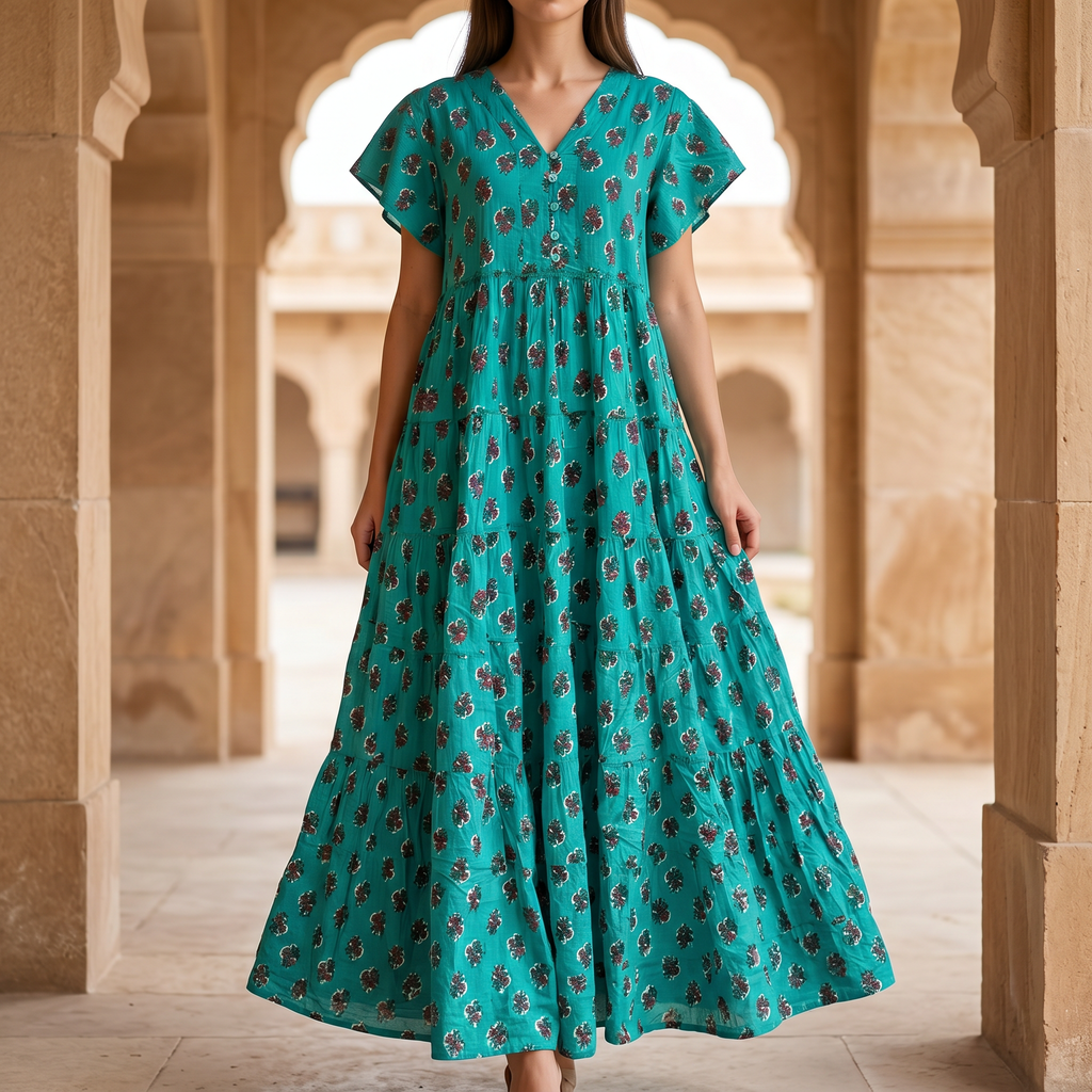 L-XL Qamar Printed Cotton Dress 57" Long Jalabiya