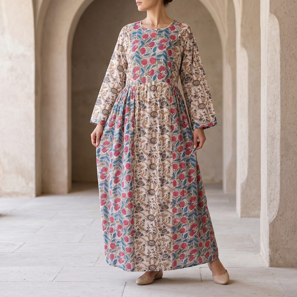 L-XL Heba Cotton Printed Dress 57" Long Jalabiya