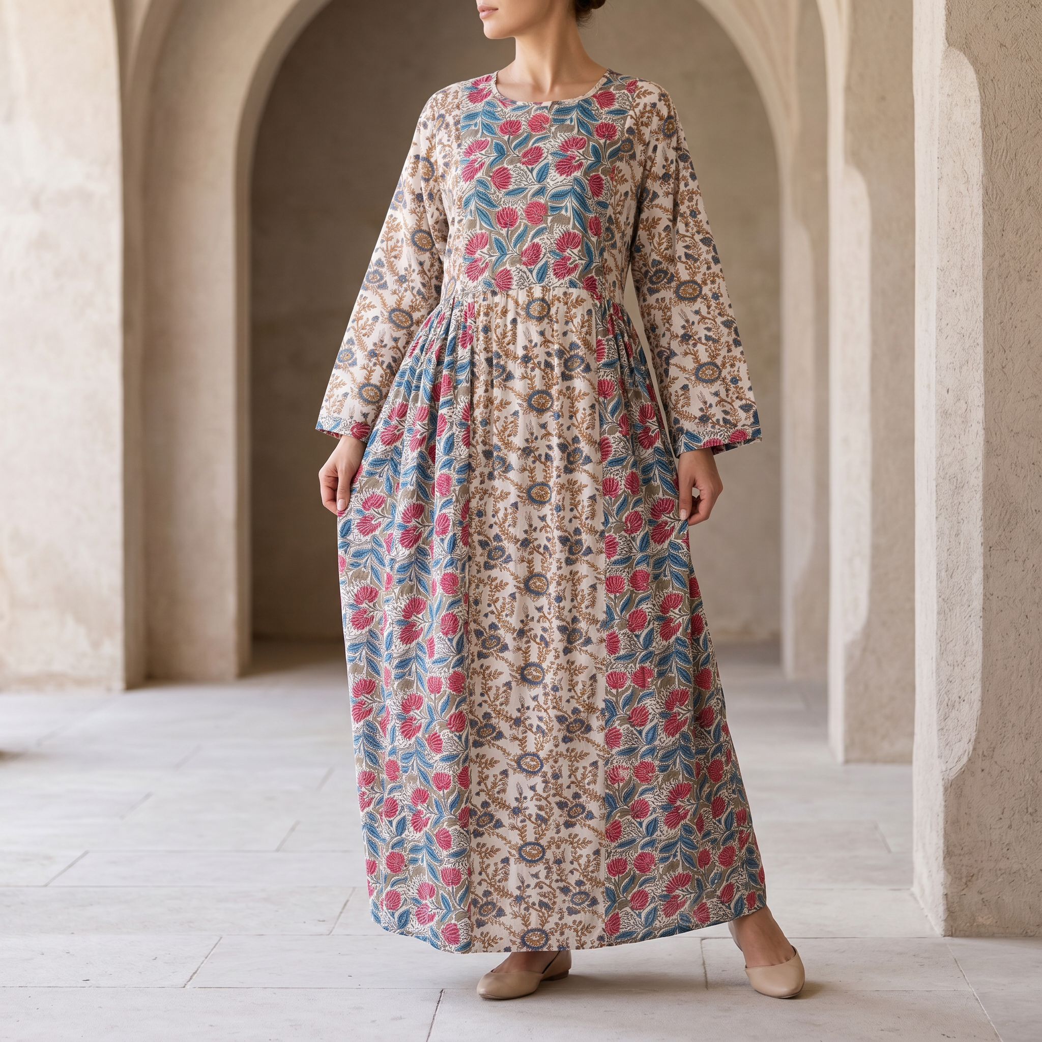 L-XL Heba Cotton Printed Dress 57" Long Jalabiya