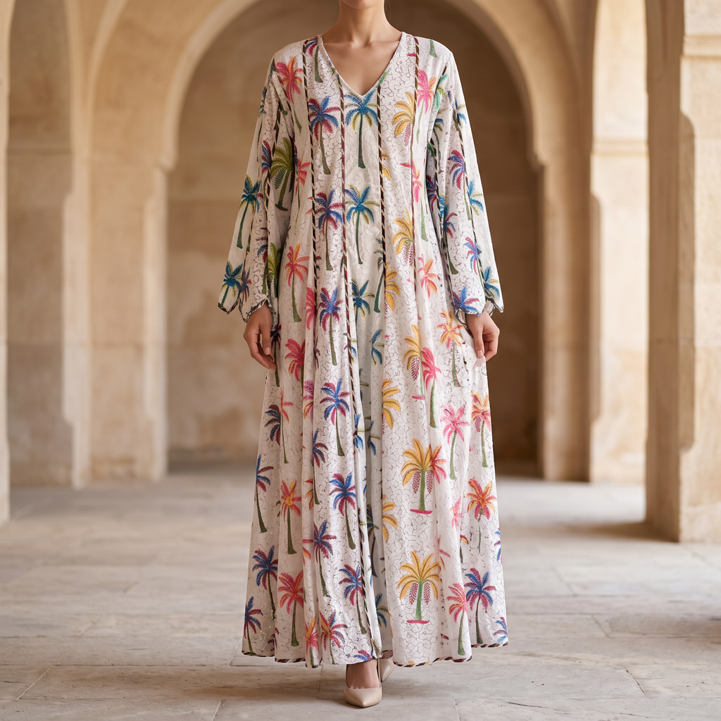L-XL Meher Crystal Multi Printed Cotton Dress 57" Long Jalabiya
