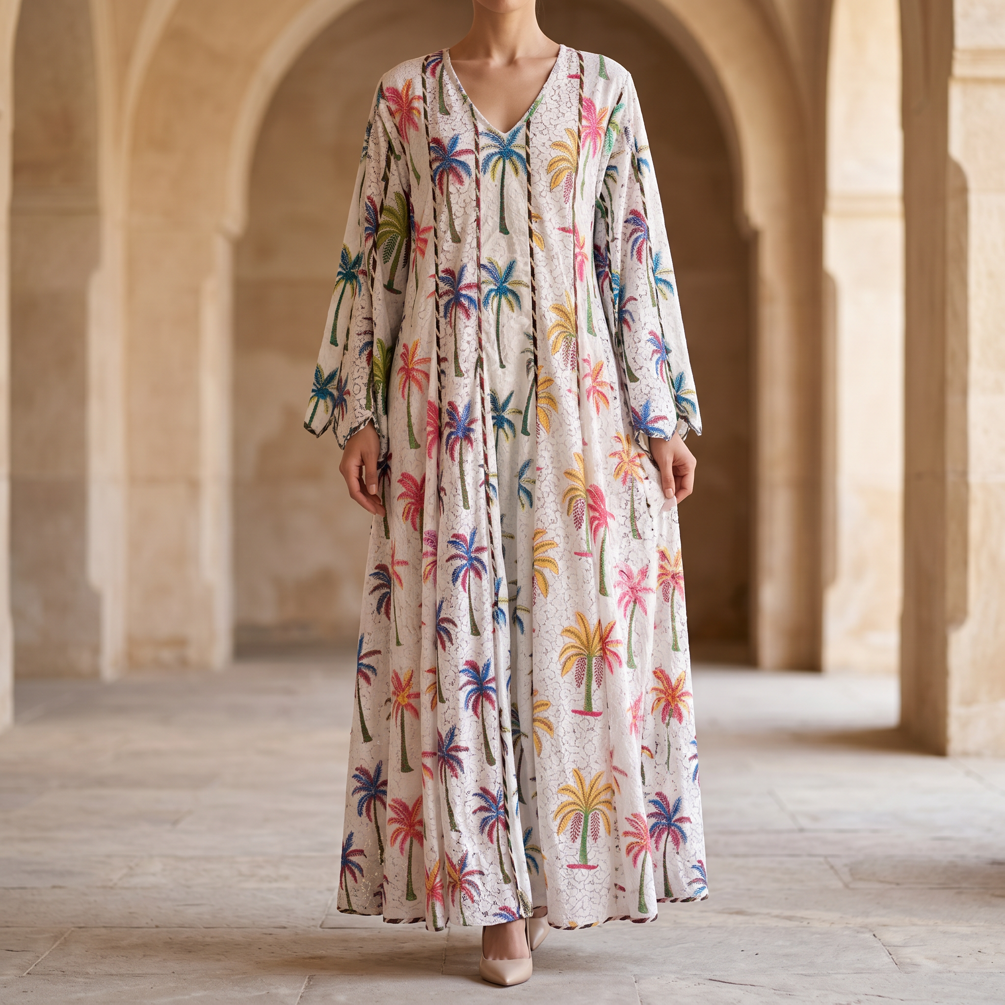 L-XL Meher Crystal Multi Printed Cotton Dress 57" Long Jalabiya