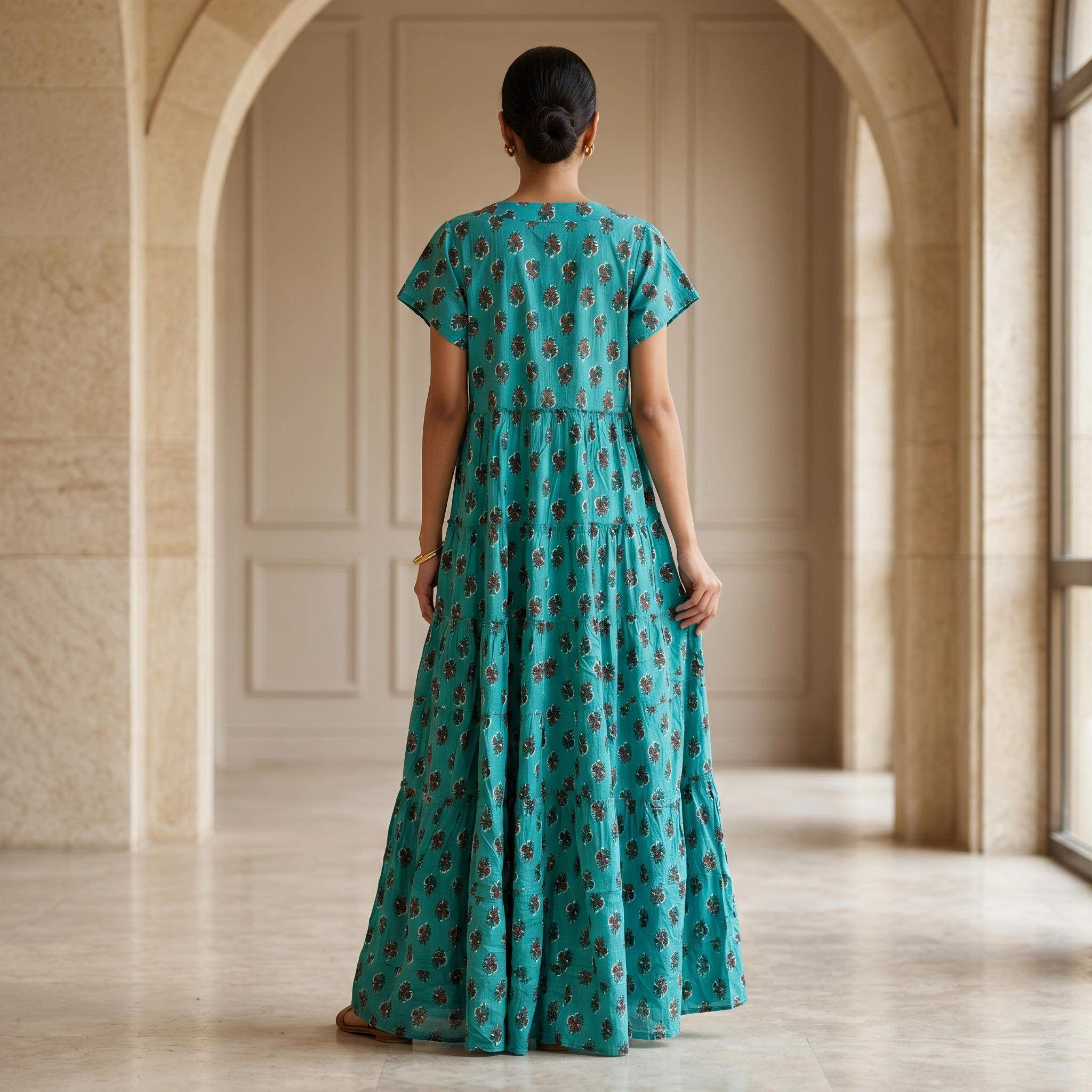 L-XL Qamar Printed Cotton Dress 57" Long Jalabiya