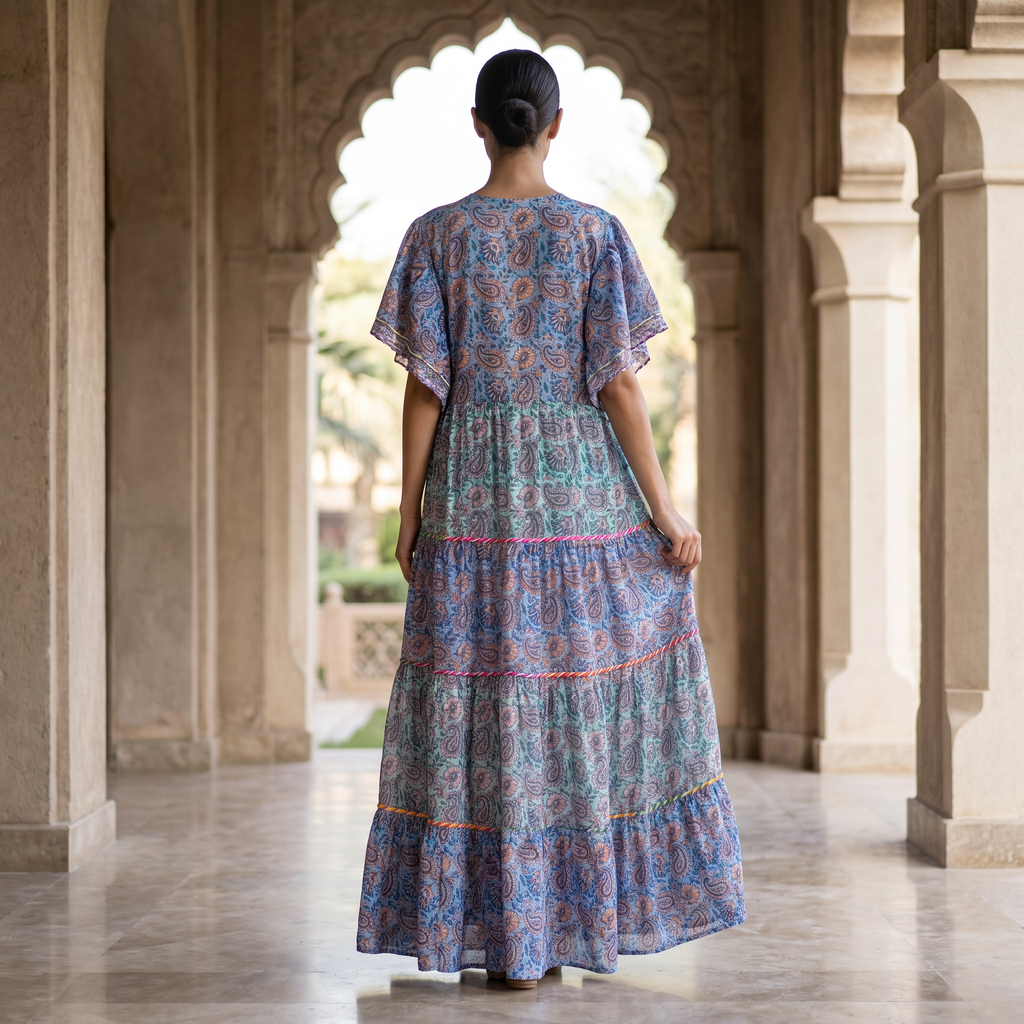 L-XL Dahlia Printed Cotton Dress 57" Long Jalabiya