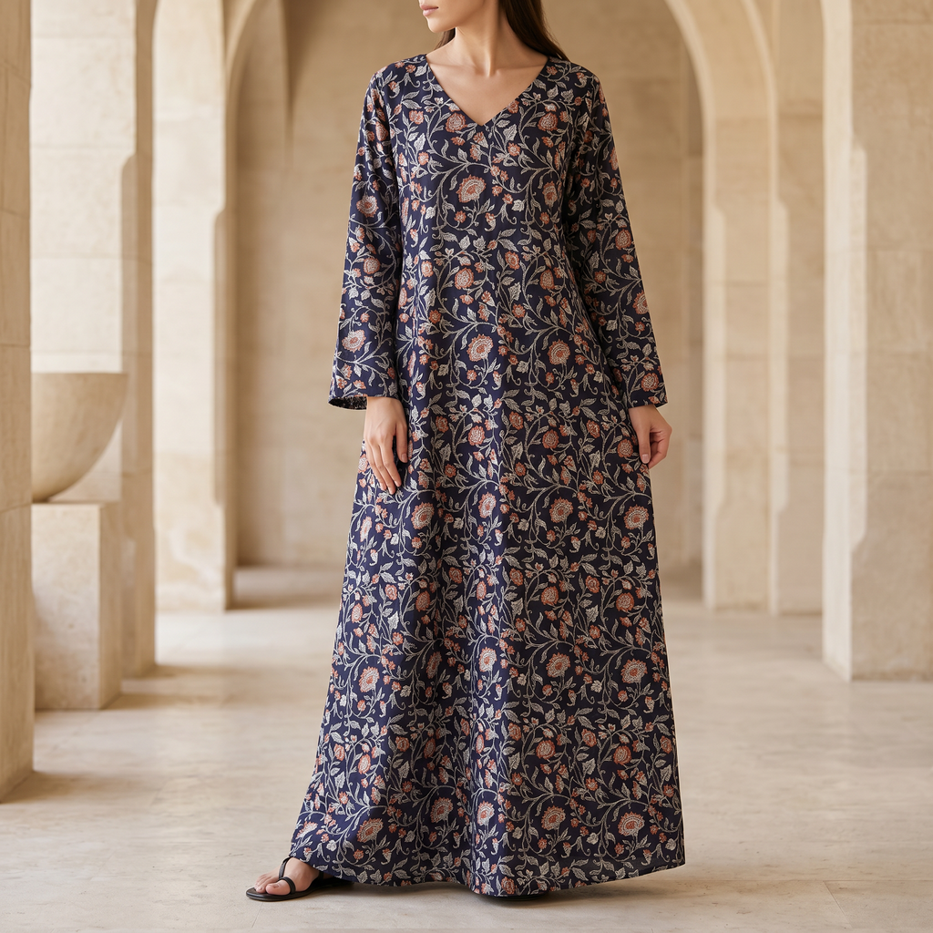 S-M Khadijah Printed Cotton Dress 57" Long Jalabiya
