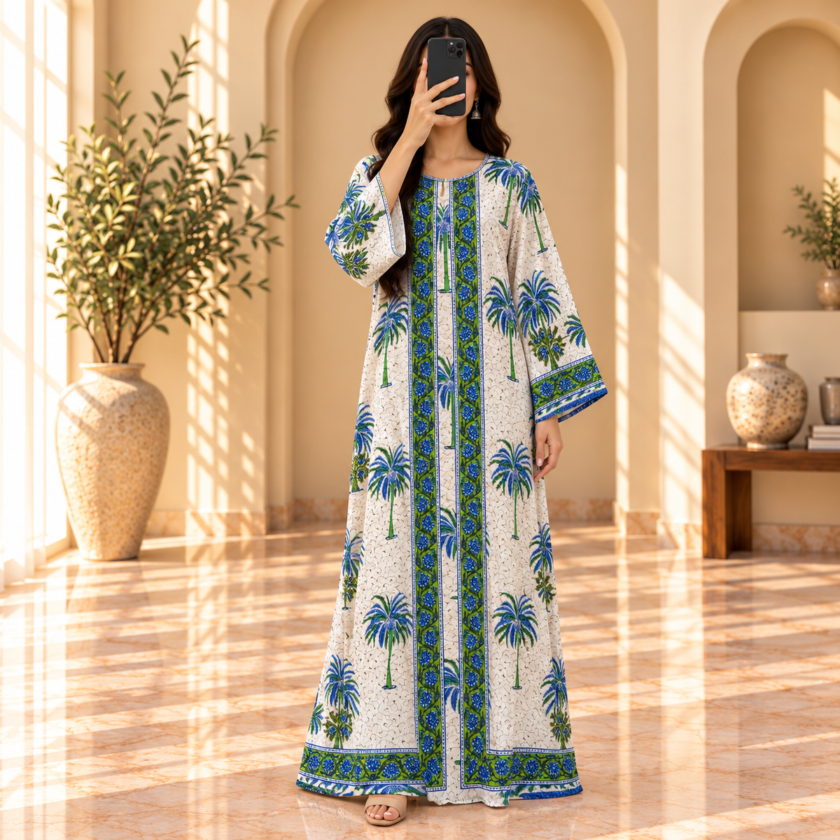 S/M Bhopali Crystal Printed Cotton Long Dress Jalabiya – 57"