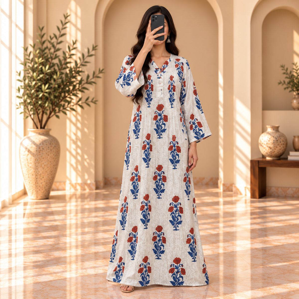 S/M Sparrow Crystal Printed Cotton Long Dress Jalabiya – 57