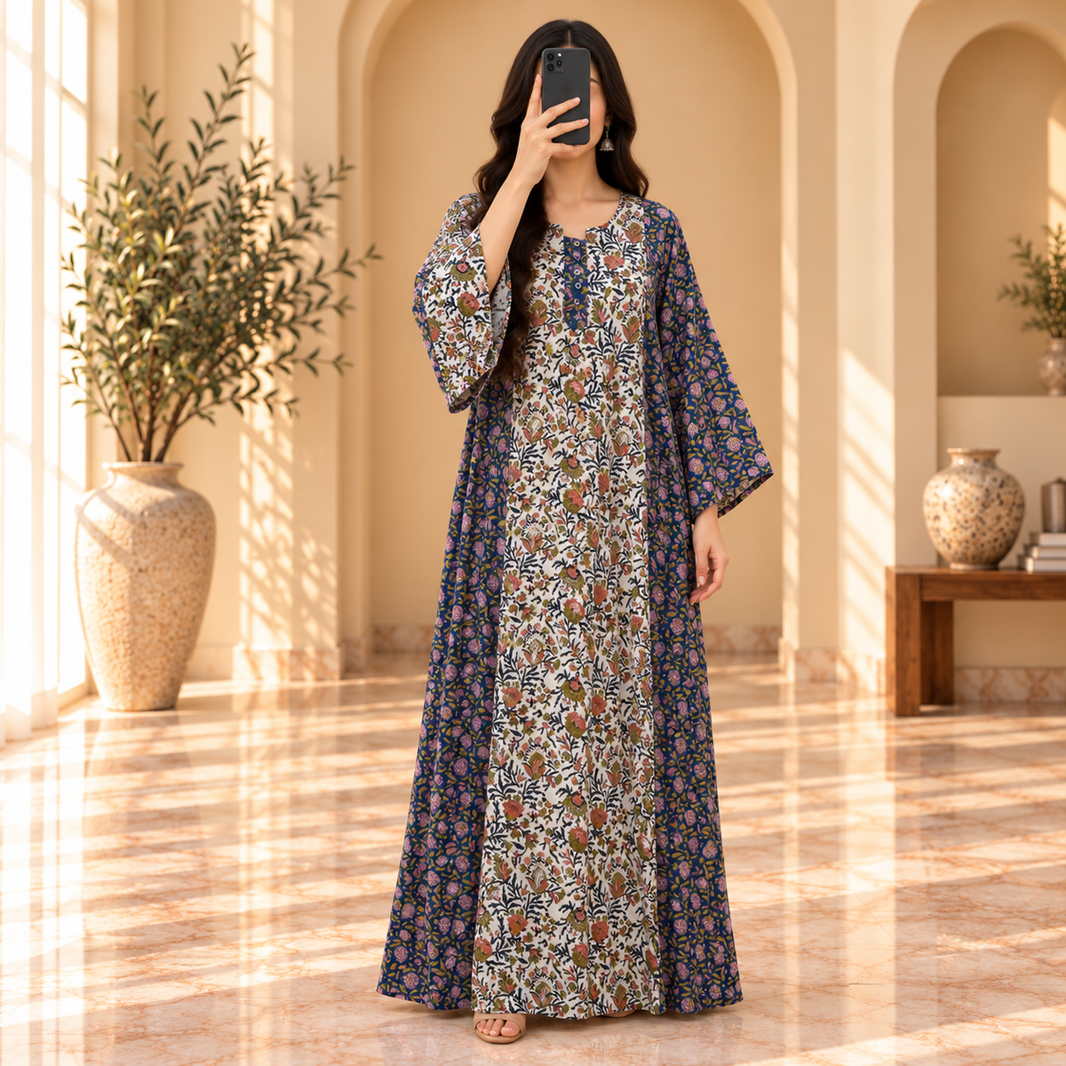 S/M Goya Crystal Printed Cotton Dress 57" Long Jalabiya