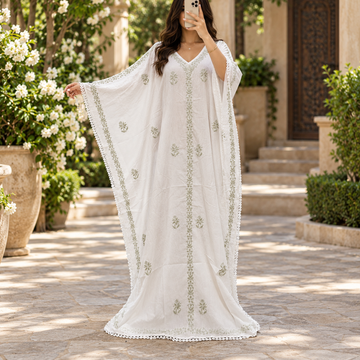 Free Size Farasha Embriodered Printed Cotton Long Dress Jalabiya – 57"