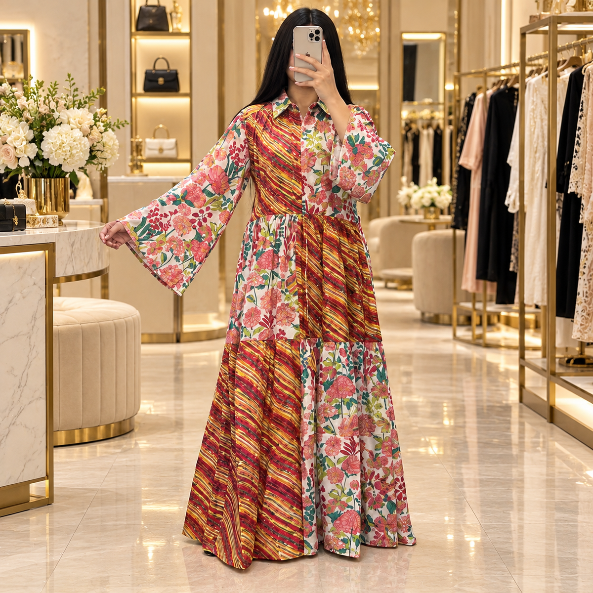 L/XL Fatim Printed Cotton Long Dress Jalabiya – 57"