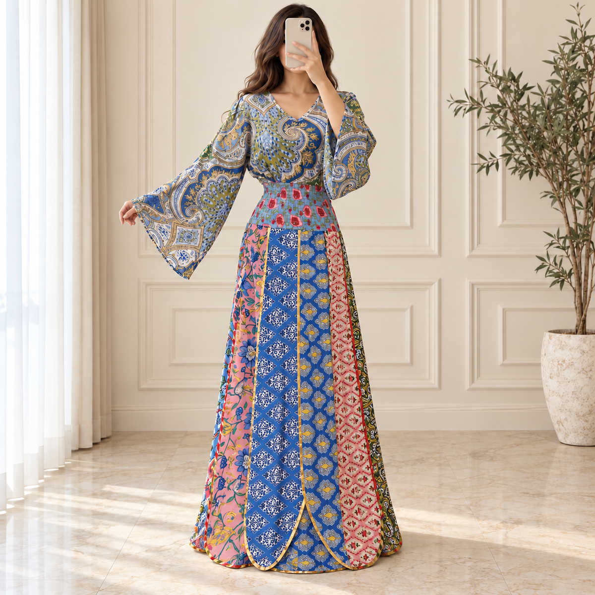 XS/S Zayna Printed Cotton Long Dress Jalabiya – 54"