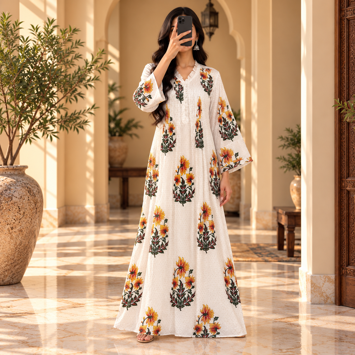 S/M Sparrow Crystal Printed Cotton Long Dress Jalabiya – 57