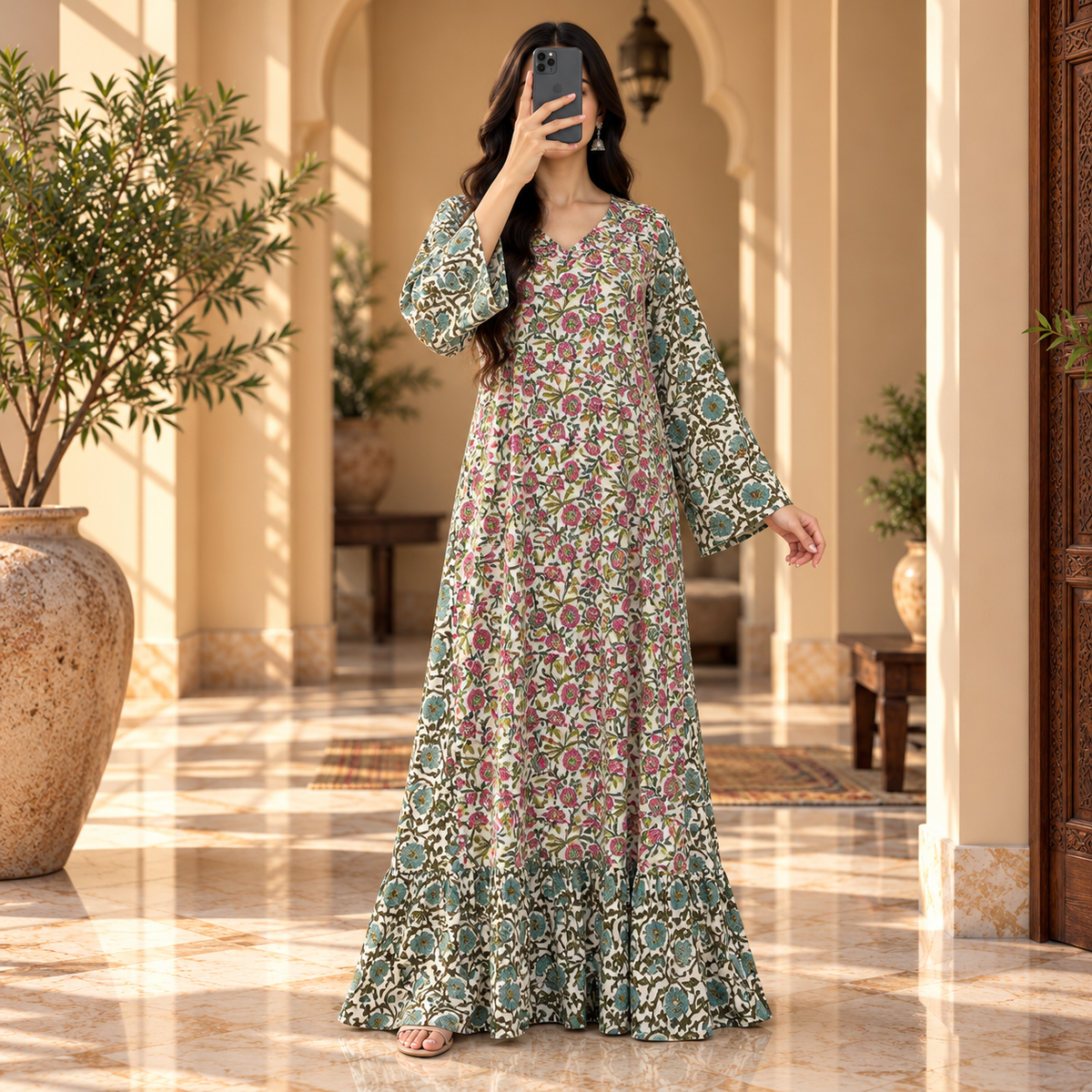 S/M Naija Crystal Printed Cotton Long Dress Jalabiya – 57