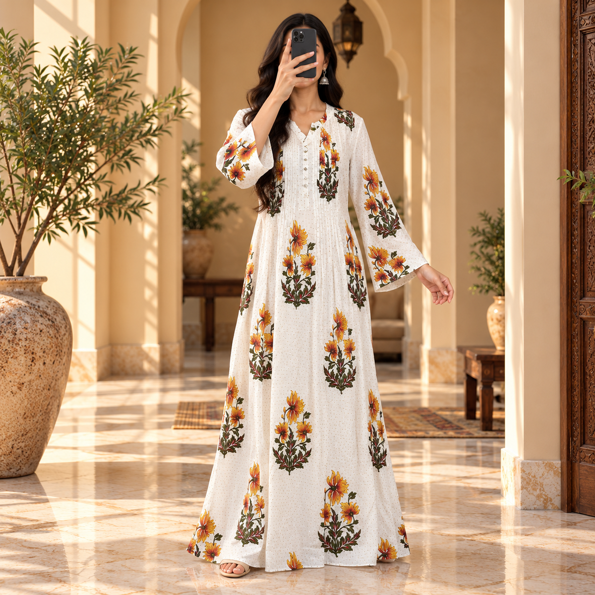 S/M Sparrow Crystal Printed Cotton Long Dress Jalabiya – 57