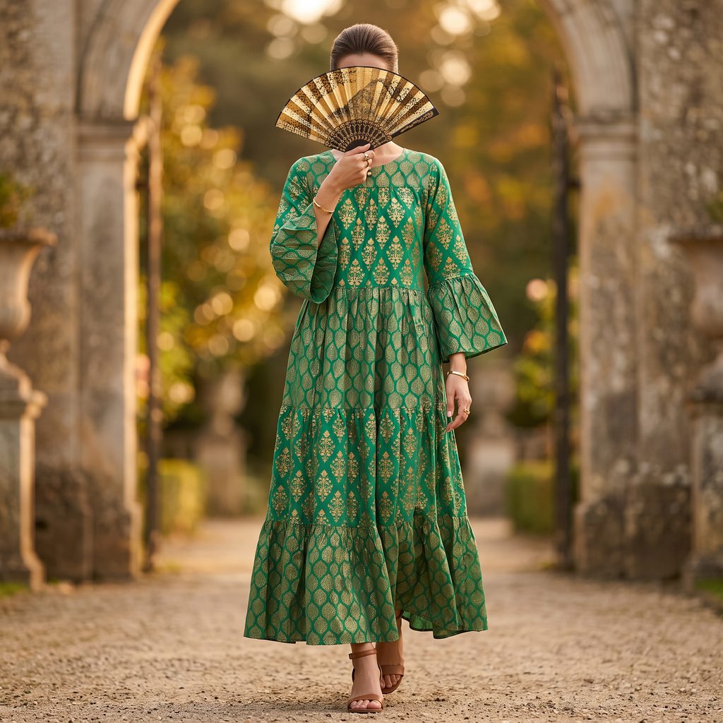 S/M Moon Gold Printed Dress 57" Long Jalabiya