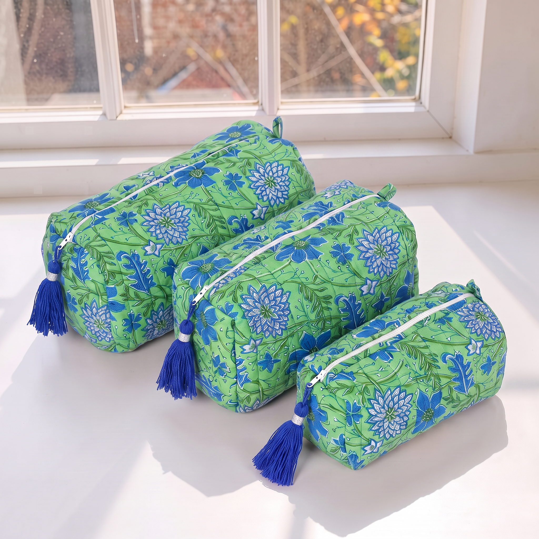Cotton Printed 3 Pcs Cosmetic Bag Set With Zipper