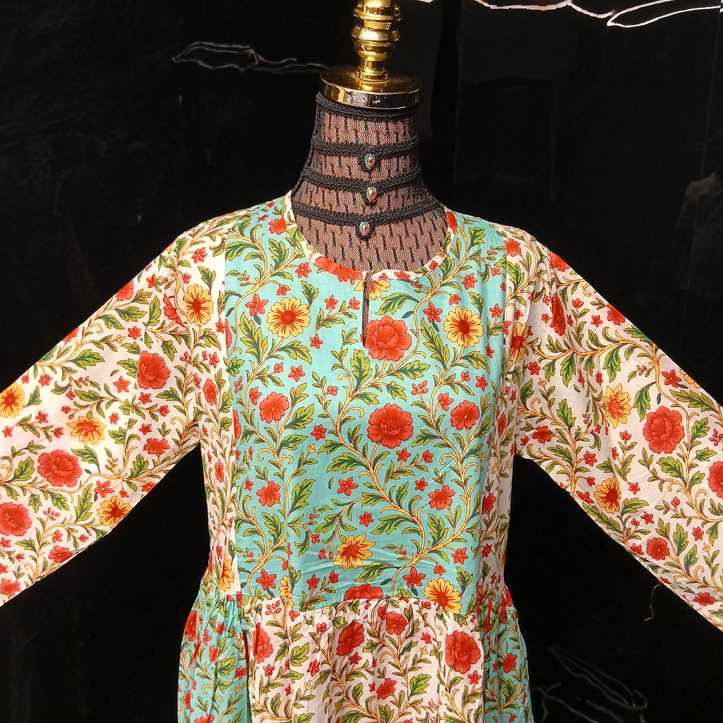 S/M Heba Printed Cotton Dress 57" Long Jalabiya With Sheila