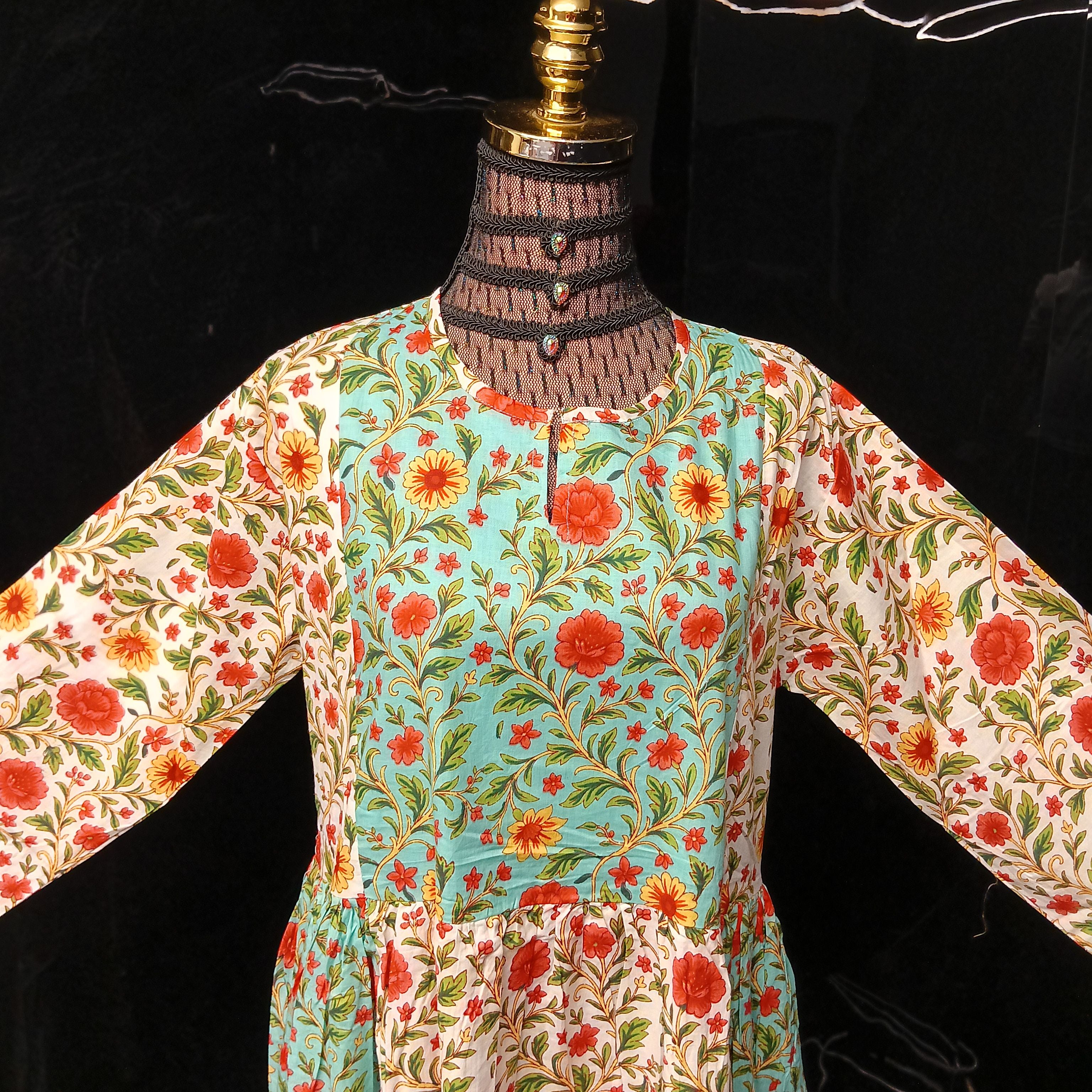 S/M Heba Printed Cotton Dress 57" Long Jalabiya With Sheila