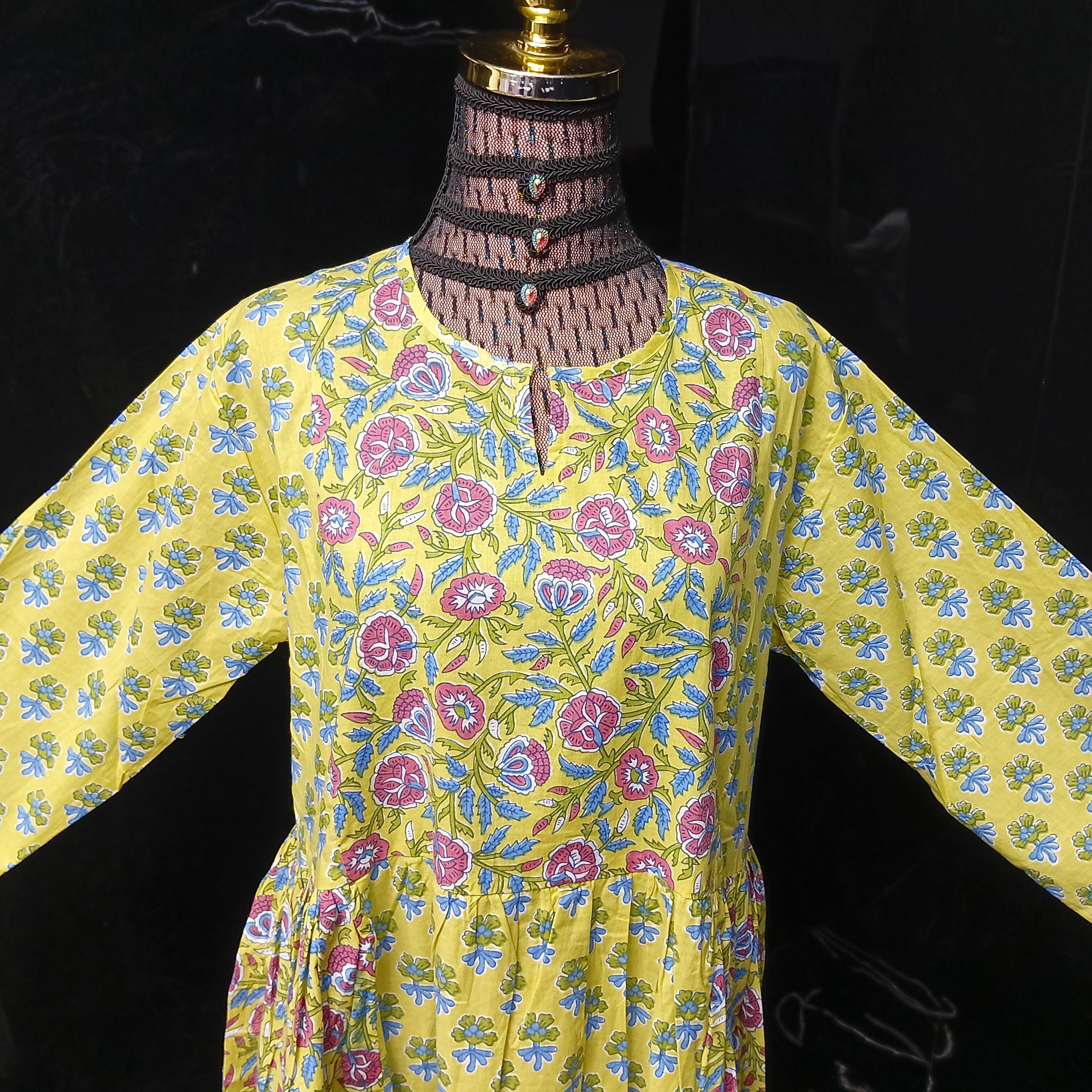 S/M Heba Printed Cotton Dress 57" Long Jalabiya With Sheila