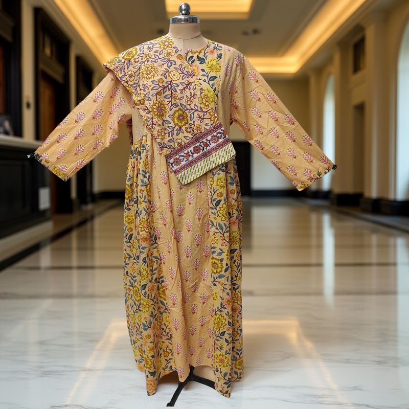 XS-S Heba Printed Cotton Dress 54" Long Jalabiya With Sheila
