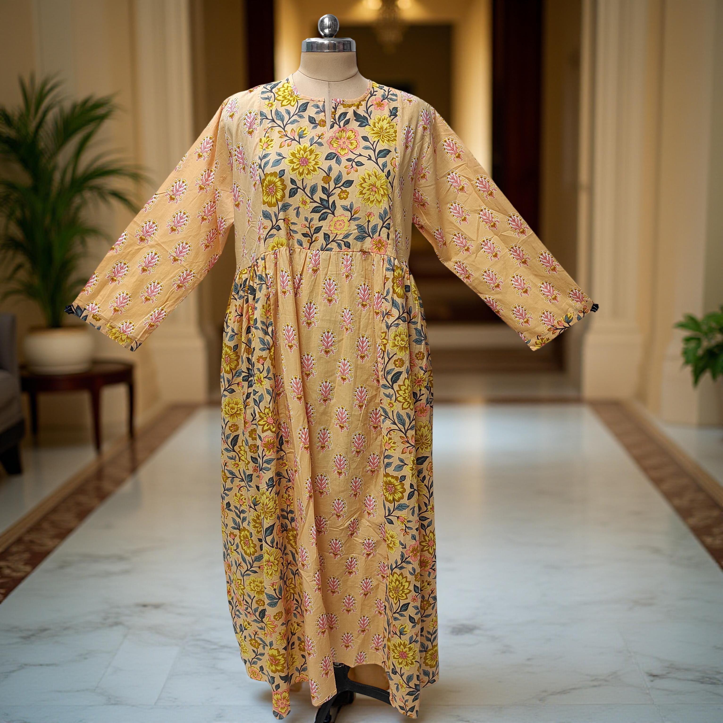 2XL-3XL Heba Printed Cotton Dress 57" Long Jalabiya With Sheila