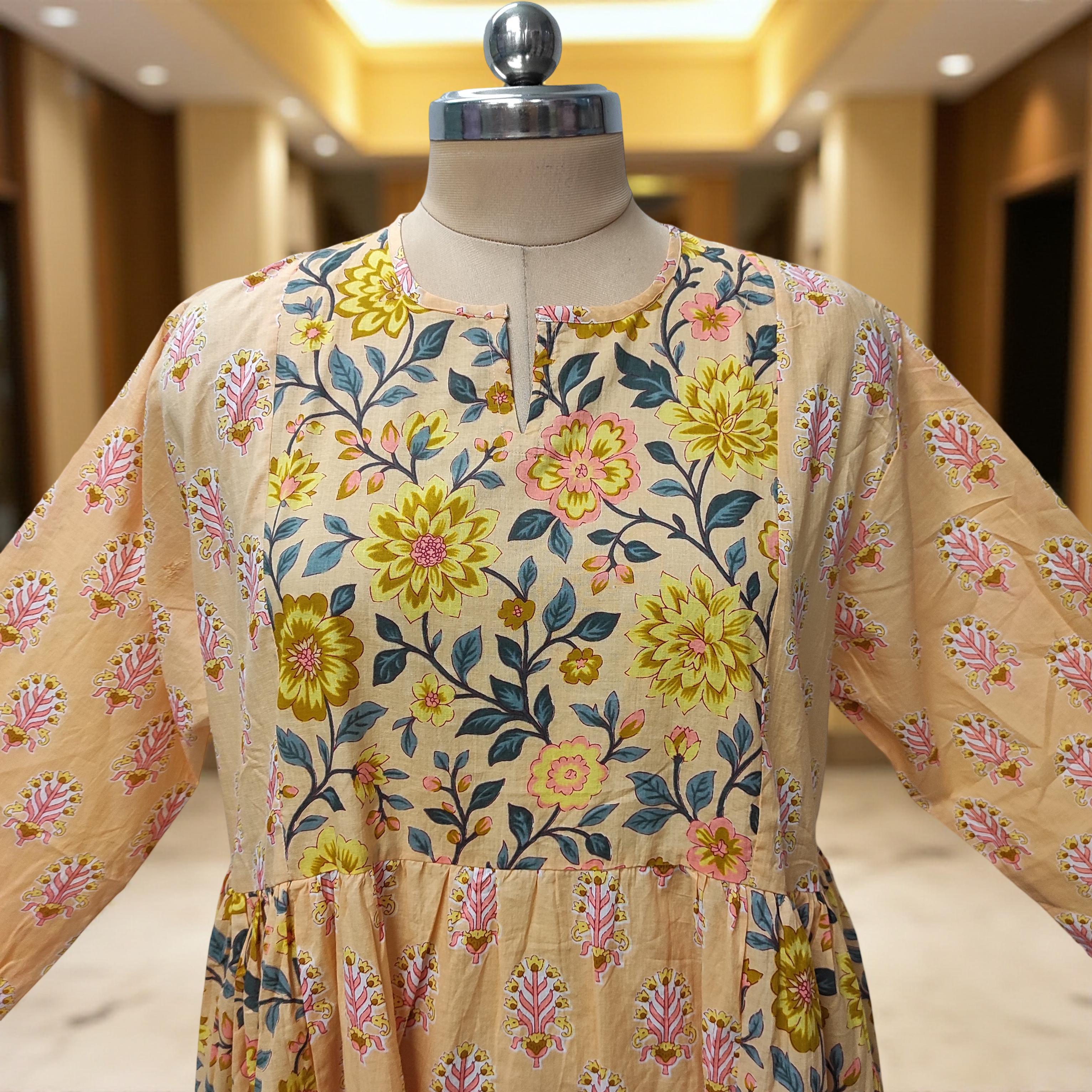 2XL-3XL Heba Printed Cotton Dress 57" Long Jalabiya With Sheila