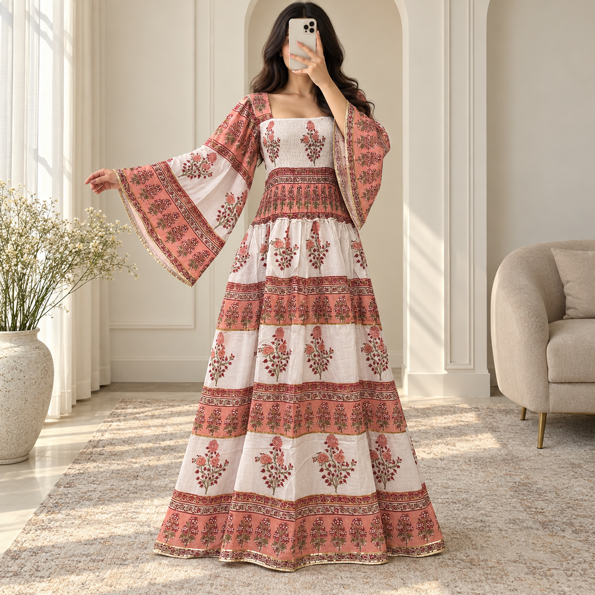 2XL3/XL Elzina Printed Cotton Long Dress Jalabiya – 57