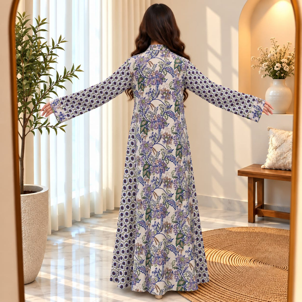 S/M Singapore Printed Cotton Long Dress Jalabiya – 57"