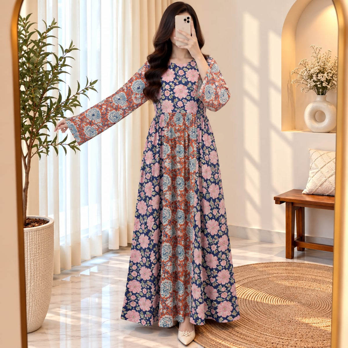 L-XL Heba Printed Cotton Dress 57" Long Jalabiya