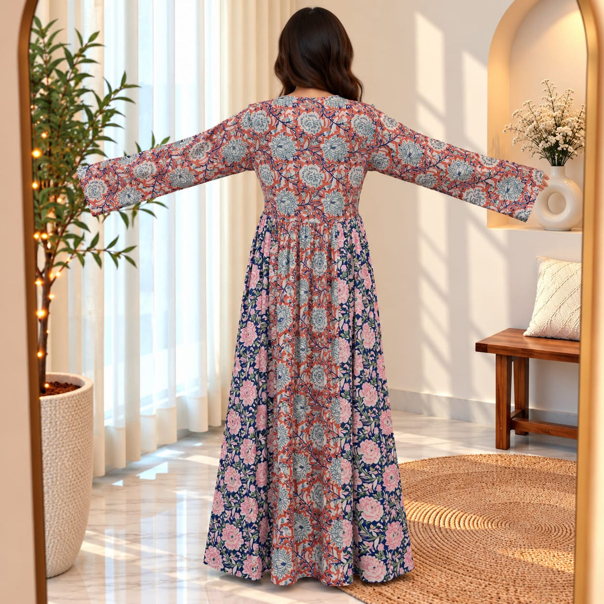 L-XL Heba Printed Cotton Dress 57" Long Jalabiya