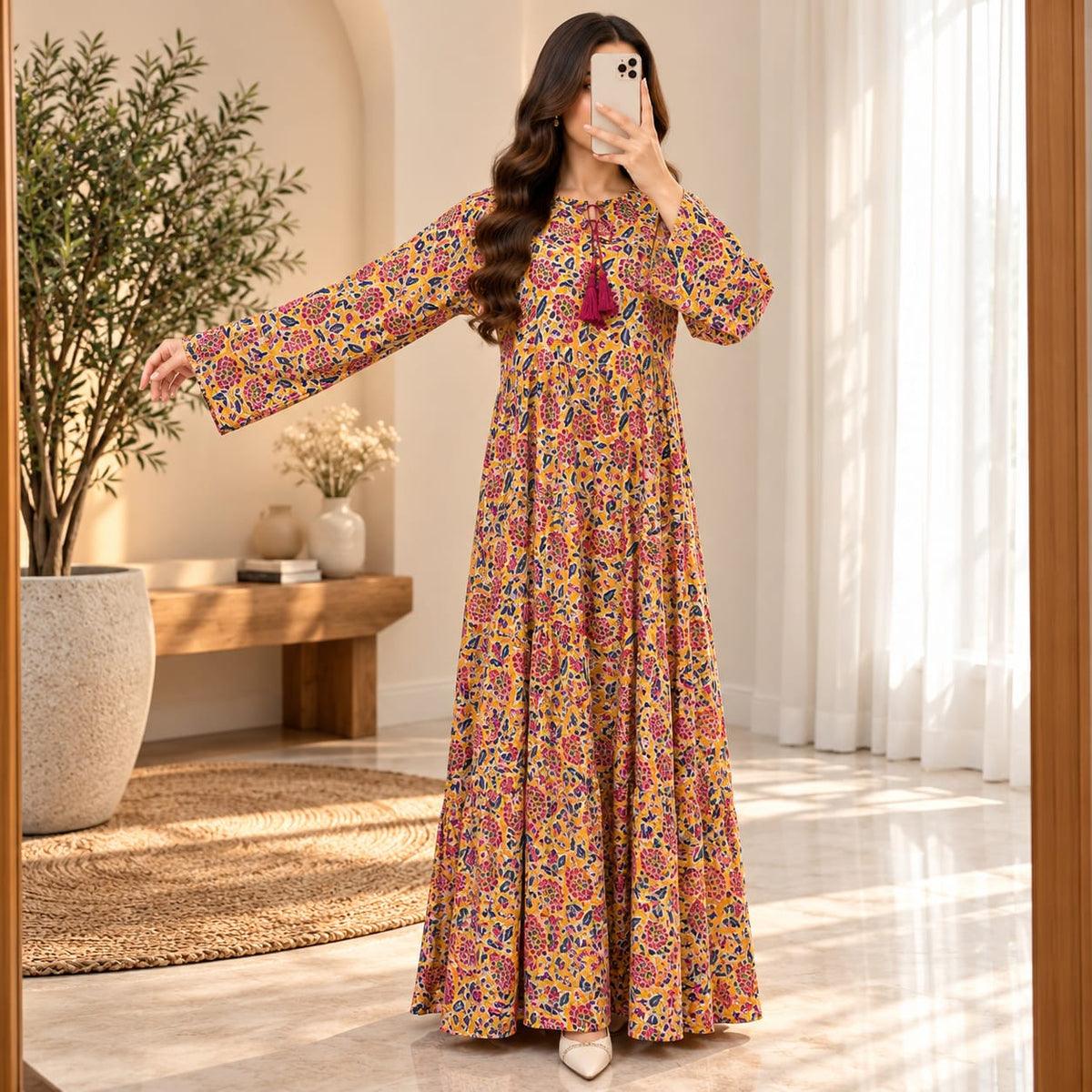 S/M Razia Printed Cotton Long Dress Jalabiya – 57"